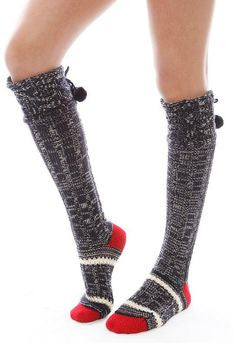 Free People Marled Knit Navy Pom Pom Slipper Socks - Designer-Find Warehouse