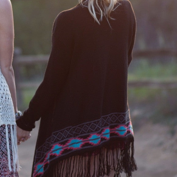 Tribal Black Fringe Cardigan Sweater Size Small - Designer-Find Warehouse - 2