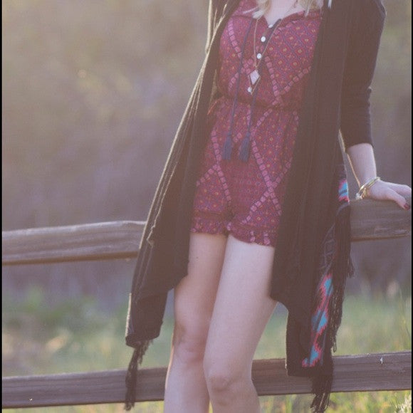 Tribal Black Fringe Cardigan Sweater Size Small - Designer-Find Warehouse - 3