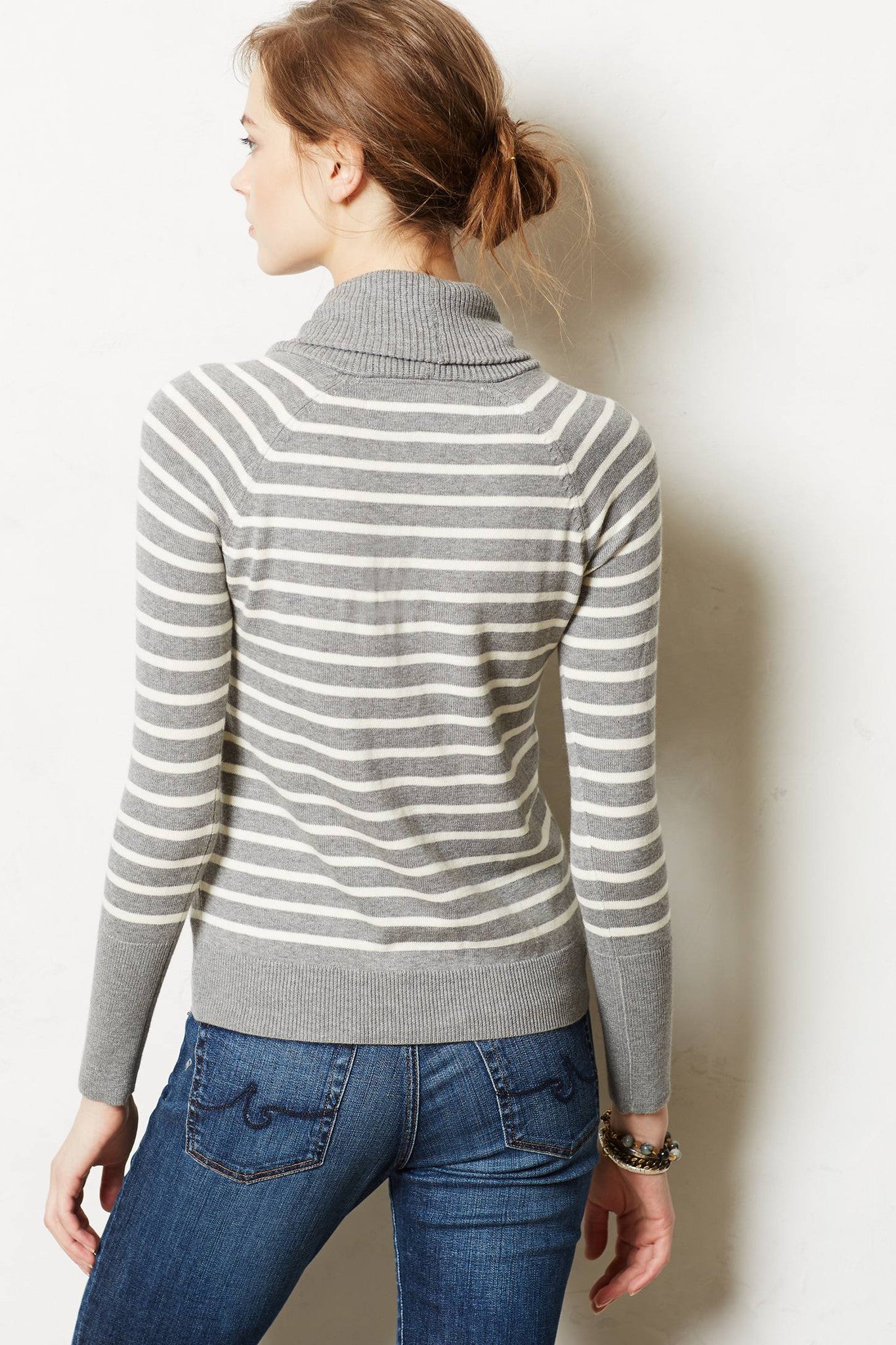 Anthropologie Change Of The Moon Gray Striped Pointelle Cowlneck Sweater Size XS - Designer-Find Warehouse - 3