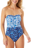 New Tommy Bahama Woodblock Ruffled Bandeau One-Piece Swimsuit US 4