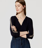 Ann Taylor LOFT Navy V-Neck Peasant Embroidered Blouse Knit Top Size Small - Designer-Find Warehouse - 1