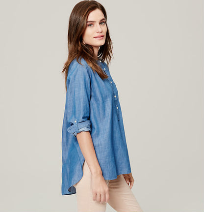 Ann Taylor LOFT Blue Collarless Chambray Softened Shirt Size Medium - Designer-Find Warehouse - 2