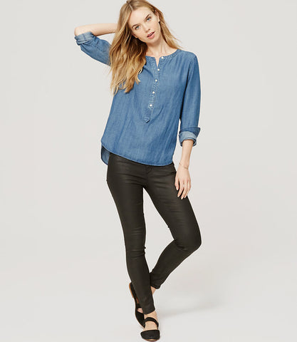 Ann Taylor LOFT Blue Collarless Chambray Softened Shirt Size Medium - Designer-Find Warehouse - 1