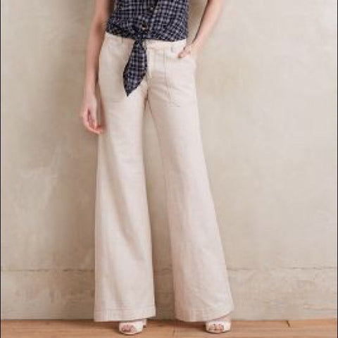 Anthropologie Eleveneses Ivory Linen Wide Leg Casual Pants Size 0 - Designer-Find Warehouse