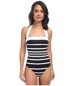 Ralph Lauren Womens Black Kaylee Stripe Bandeau Mio One Piece Swimsuit Size  10